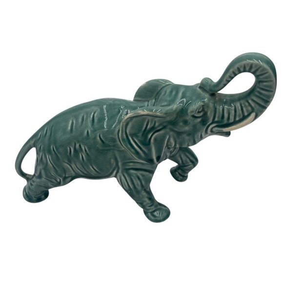 Vintage Glossy Celedon Green Ceramic Elephant Figurine With Trunk Up Good Luck - Picture 1 of 8